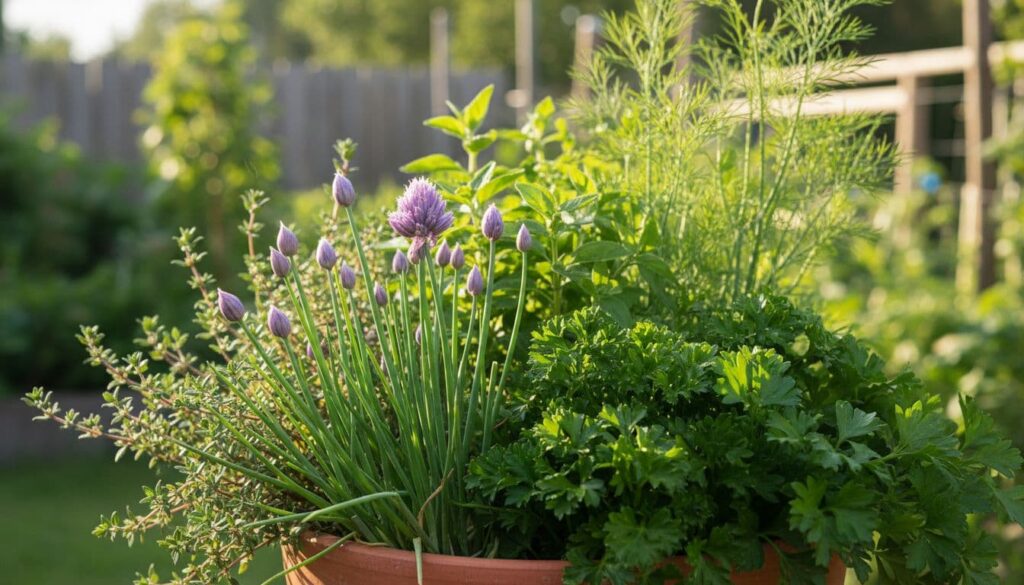 Close-up of a vibrant selection of fresh green chives, curly parsley, bushy thyme, and upright dill in a Swedish garden pot, highlighting varied leaf shapes, textures, and heights under soft morning light in a natural landscape composition.