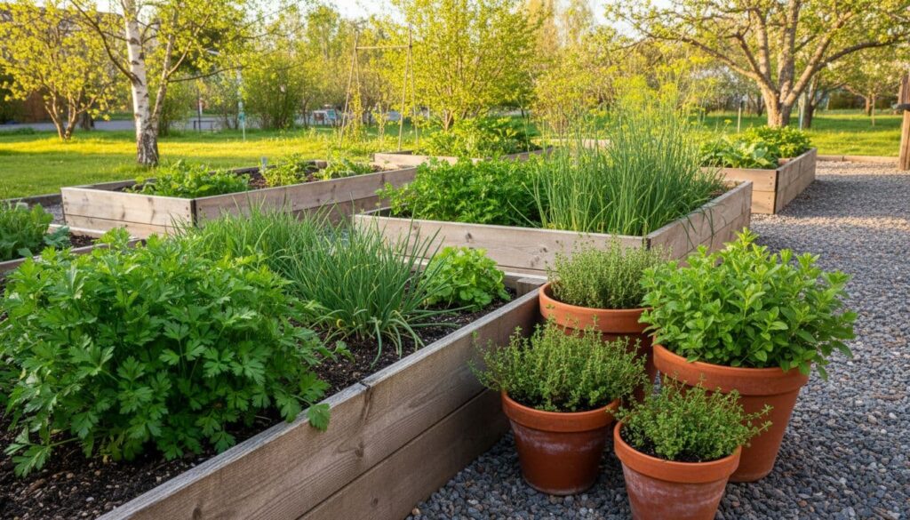 Beautiful herb garden in a sunny Swedish backyard during spring, featuring raised wooden beds with lush parsley, chives, and dill, alongside terracotta pots with thyme and oregano.