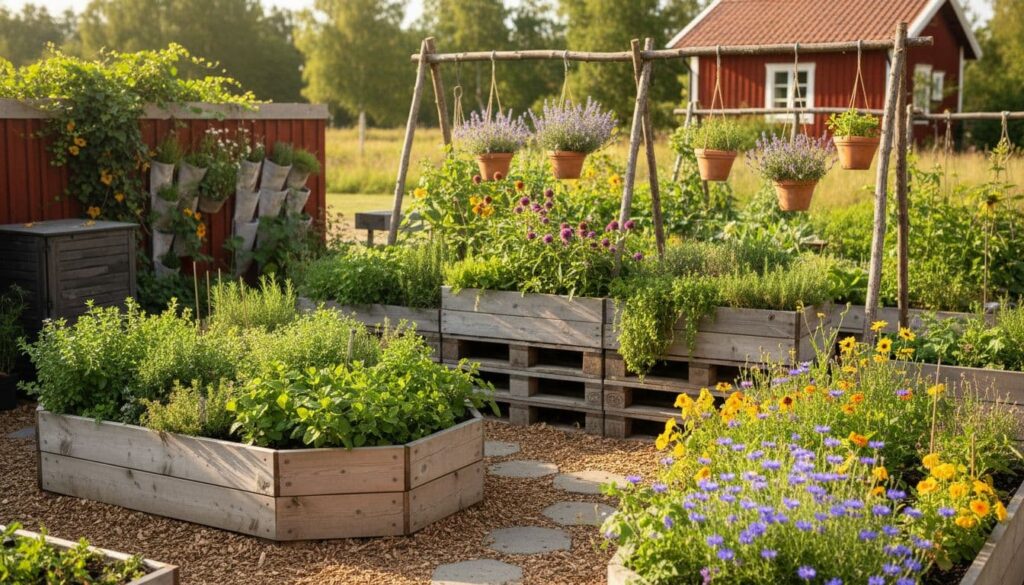 Sustainable Swedish herb garden in 2026 style with mixed levels: ground bed, wooden pallet crate, hanging pots, vertical planters, perennials like oregano and mint, pollinator flowers, compost bin, natural green tones, sunny afternoon light, wide landscape view.